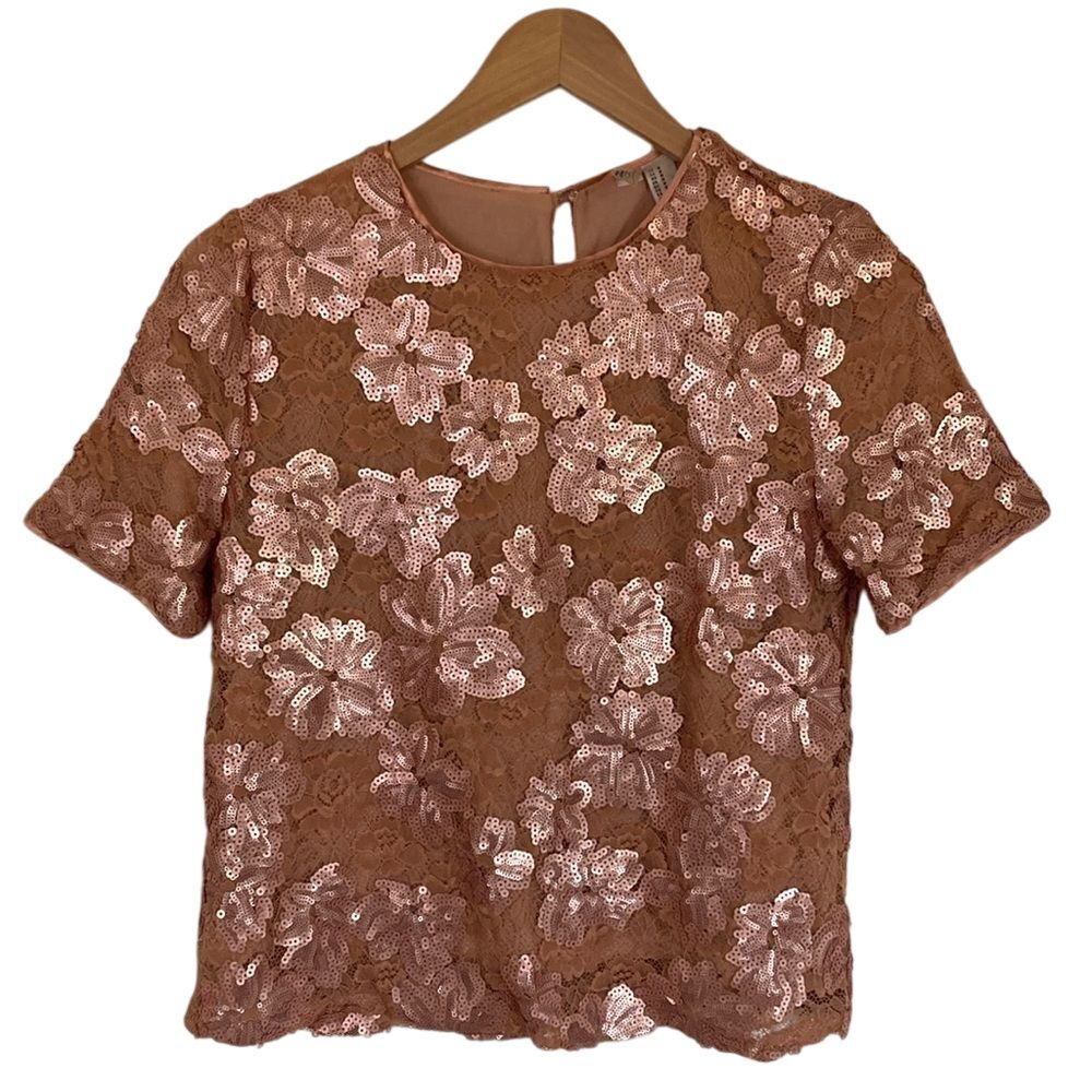 Forever 21 Womens Sequins Lace‎ Shirt M Pink Floral Feminine Girly Event